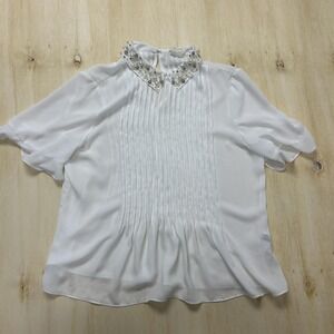 Kate Spade New York Blouse Womens Medium White Beaded Collar Pleated Chiffon